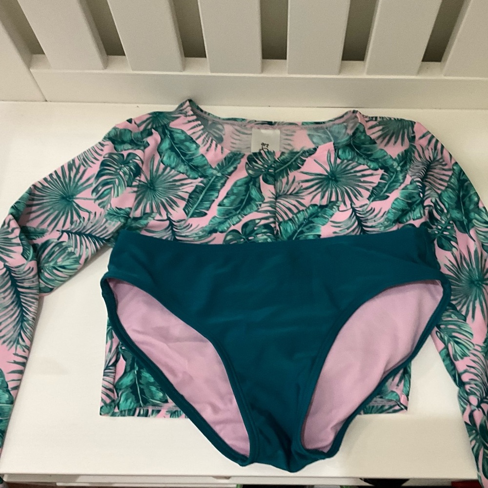 Cat & Jack Girls Teal Bikini Bottom with Pink & Green Palm Print Rash Guard